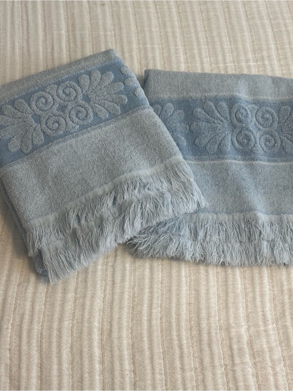 Canon Pale Blue Embossed Fringe Hand Towels